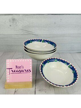 Oneida SLEIGH RIDE  Red Checks Trees Stoneware Christmas Soup Cereal Bowls Set 4